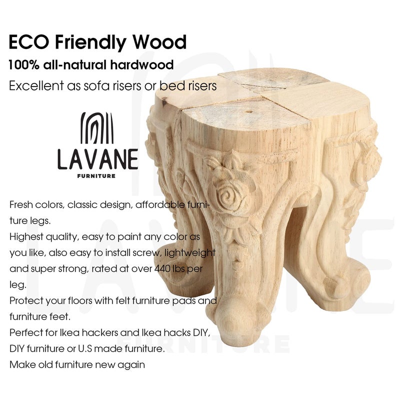 La Vane 4 inch / 10cm Wooden Furniture Legs  Set of 4 European Style Solid Wood Carving Furniture Replacement Feet Decoration for Sofa Cabinet Wardrobe Table Loveseat - Image 3